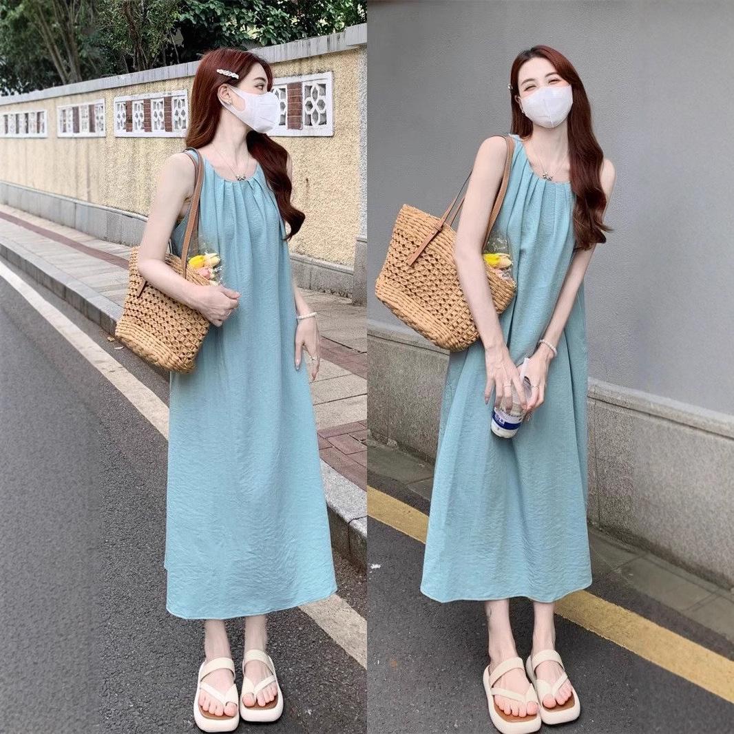 

Женское летнее французское платье-халтер - Повседневное, Свободное, Без рукавов, Приталенное, Миди. L синий