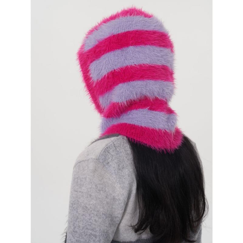 

Design niche two-color striped imitation mink balaclava hat personalized pullover knitted hat wool hat women