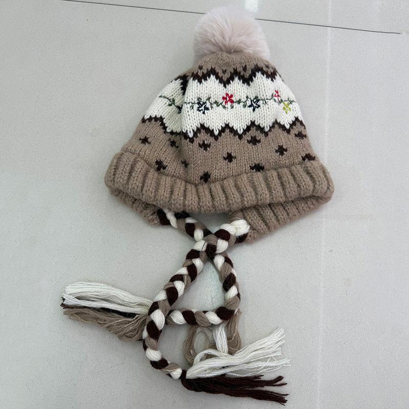 Vintage Fair Island Jacquard Knitted Wool Hat Women's Winter Thickened Strap Warm Ear Protector Lei Feng Hat Travel Cold