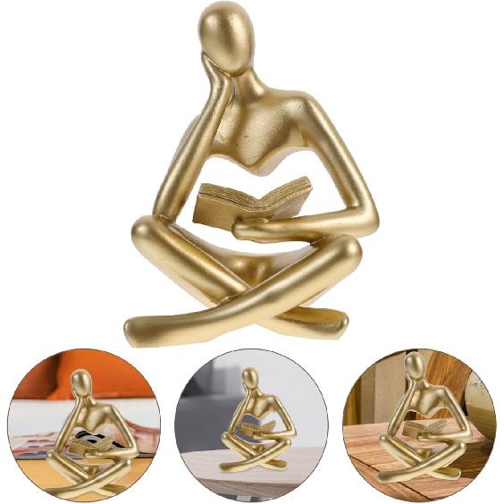 HOMSFOU Abstract Reading Man Statue - Golden Resin Thinker Sculpture for Home, Office, Library, and Room Decor, Minimalist Art Figurine Gift for Men,