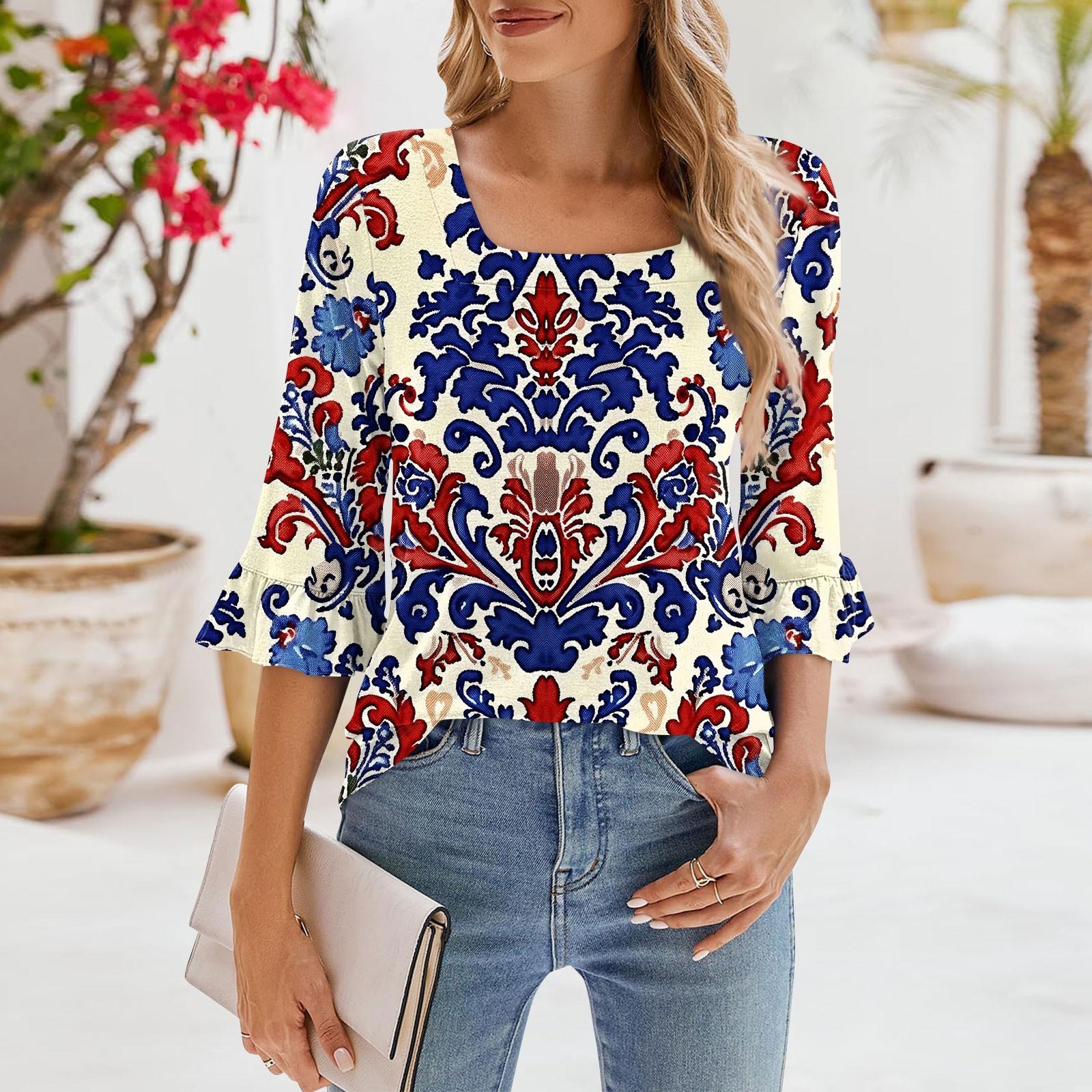 

Женская классическая рубашка с принтом в стиле ретро с рукавами четверти и квадратным вырезом, свободный повседневный топ XL