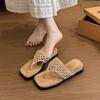 Sheepskin version~ New retro leather thick-soled hollow-toed flip-flops shoes women's versatile square head beach cool slippers