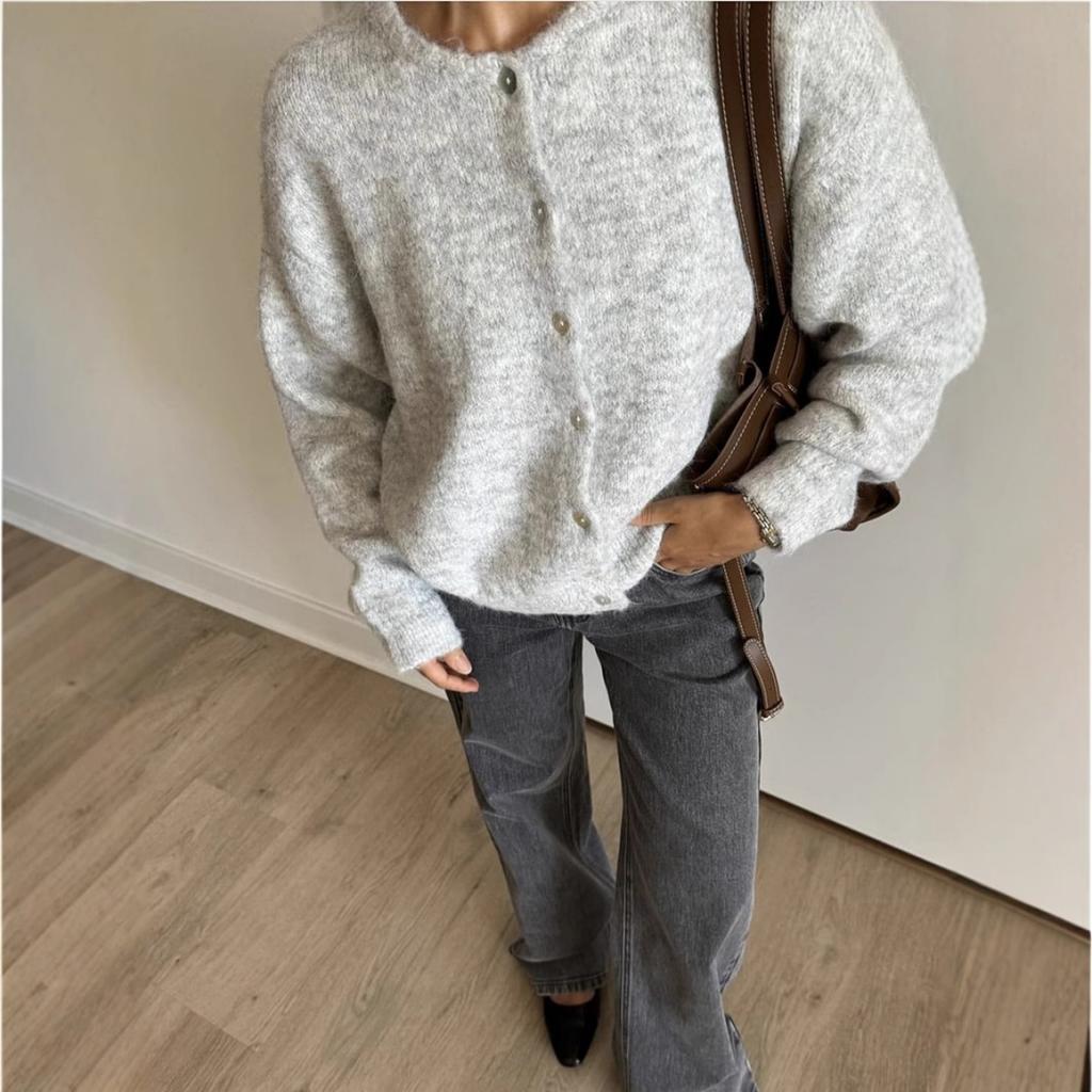 Soft Knitted Cardigan Women's Retro Button Gray Wool Sweater Jacket