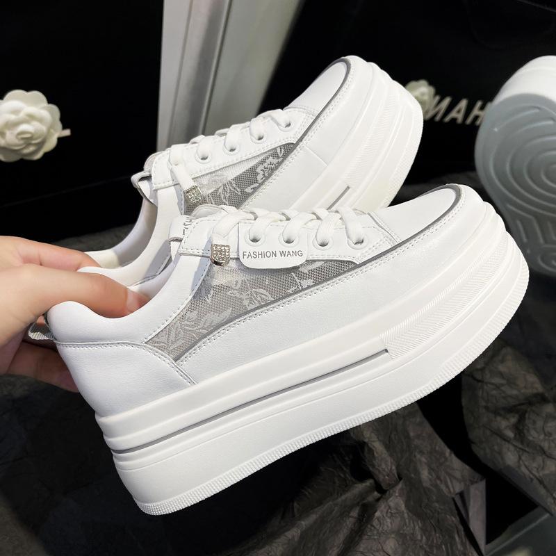 Women's Hidden Wedge Platform Shoes 2025 Summer Genuine Leather Breathable Mesh White Sneakers Casual Versatile