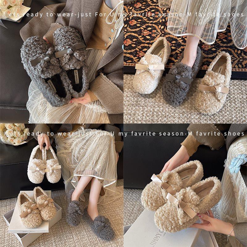 New Women's Single Shoes Wind One Pedal Fairy Bow Flat Bottom Velvet 2025 Fluffy Shoes Women's Warm Autumn and Winter Cotton Shoes
