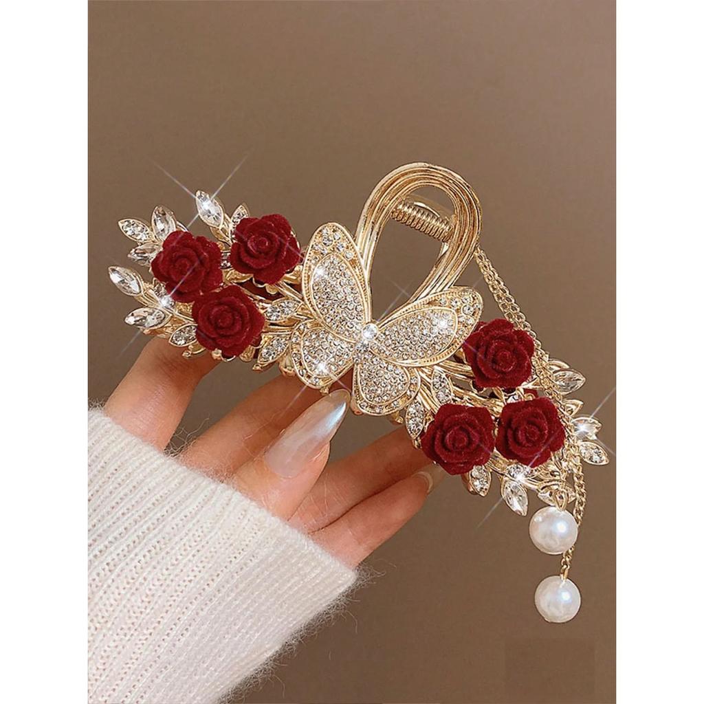1 st Mode Diamantbesatta Fjäril Ros Tofs Hårklor För Kvinnor Håraccessoarer