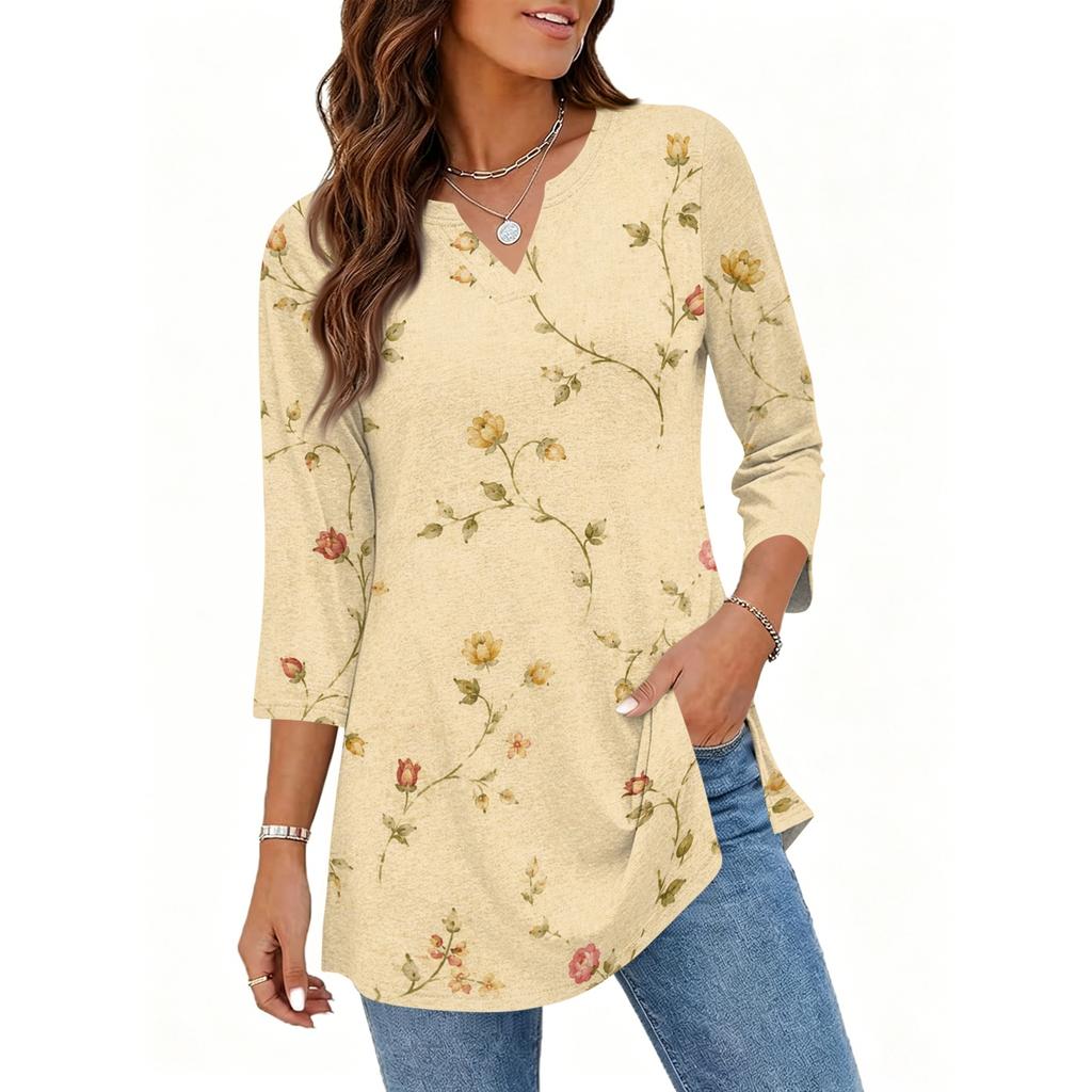 Women's Casual V Neck 3/4 Sleeve Pullover Tunic Top Floral Print Mid Length Blouse Lightweight Soft Fabric