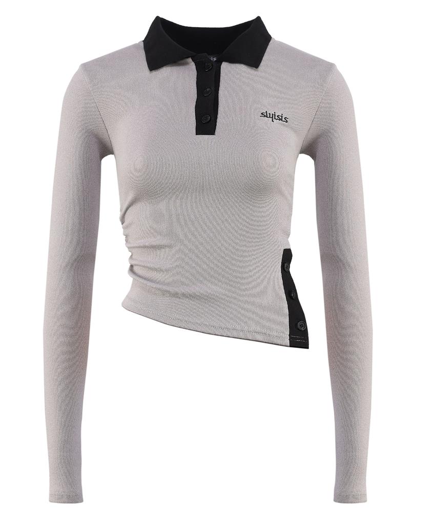 Seullisiseu Unbalance Slit Polo Top (Grey)