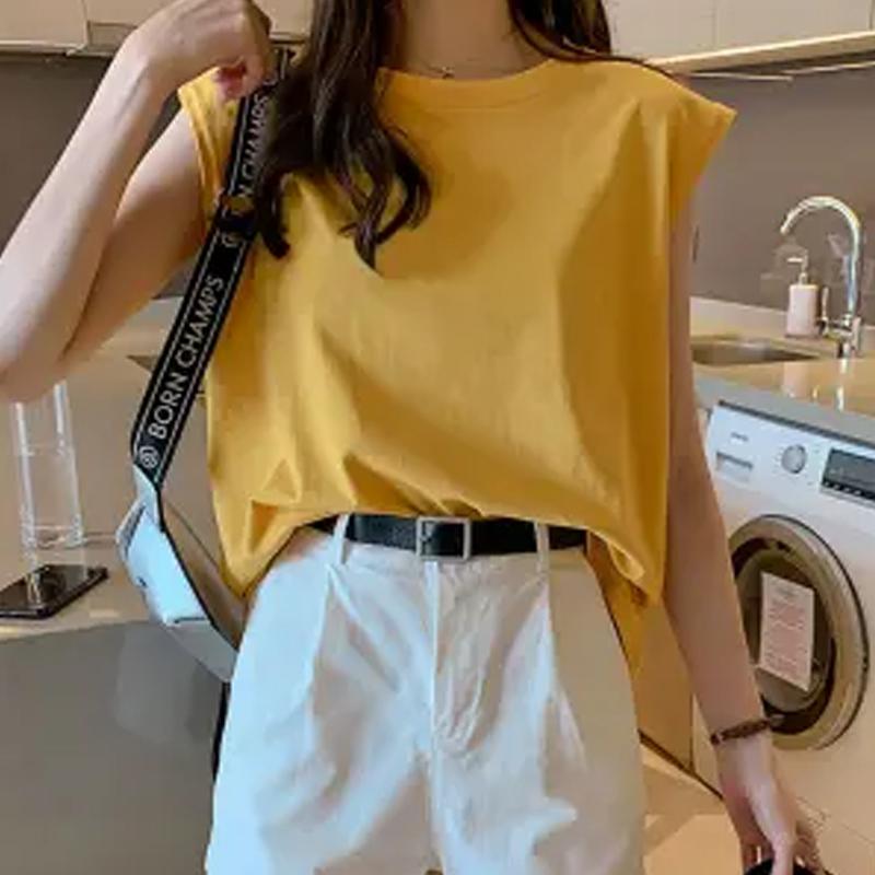

2023 Новая женская однотонная свободная модная футболка без рукавов, топ 2XL жёлтый