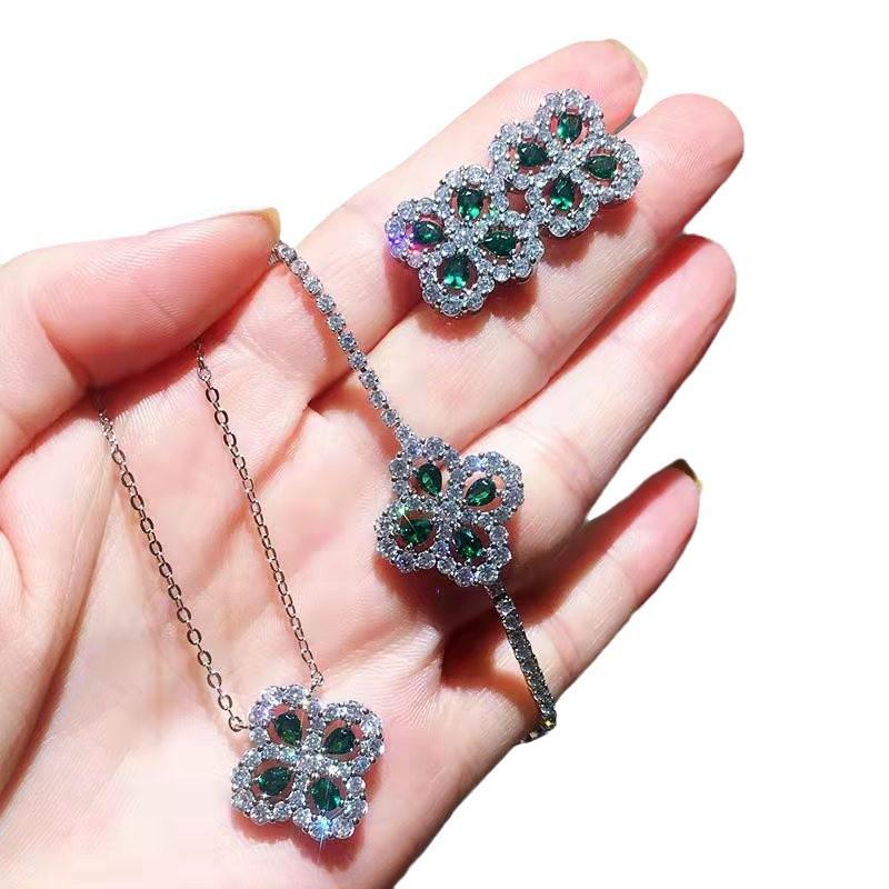 Temperament Jewelry Set Simulation Green Treasure Crystal Necklace Temperament Fashion Color Treasure Bracelet Zircon Stud Earrings