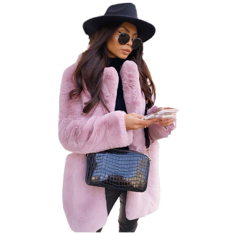 Women's Solid Color Lapel Long-Sleeve Faux Fur Coat - European & American Style, Warm, Large Size