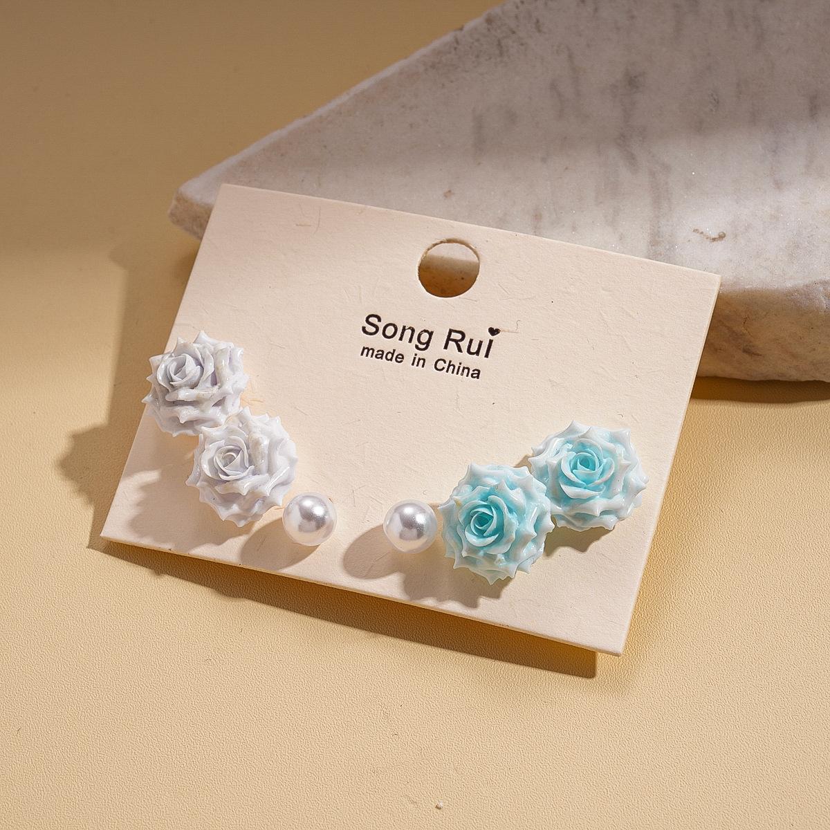 Six-piece Resin Imitation Pearl Flower Silver Needle Earrings Holiday Versatile Earrings