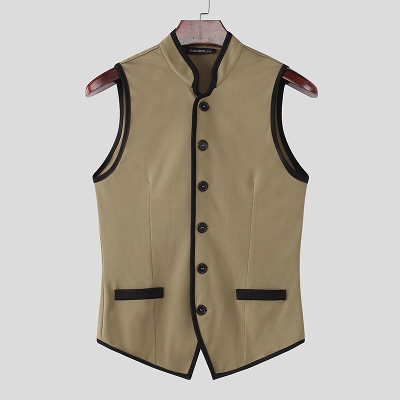 INCERUN Men Stand Neck Sleeveless Stitching Slim Waist Thin Waistcoat Tops