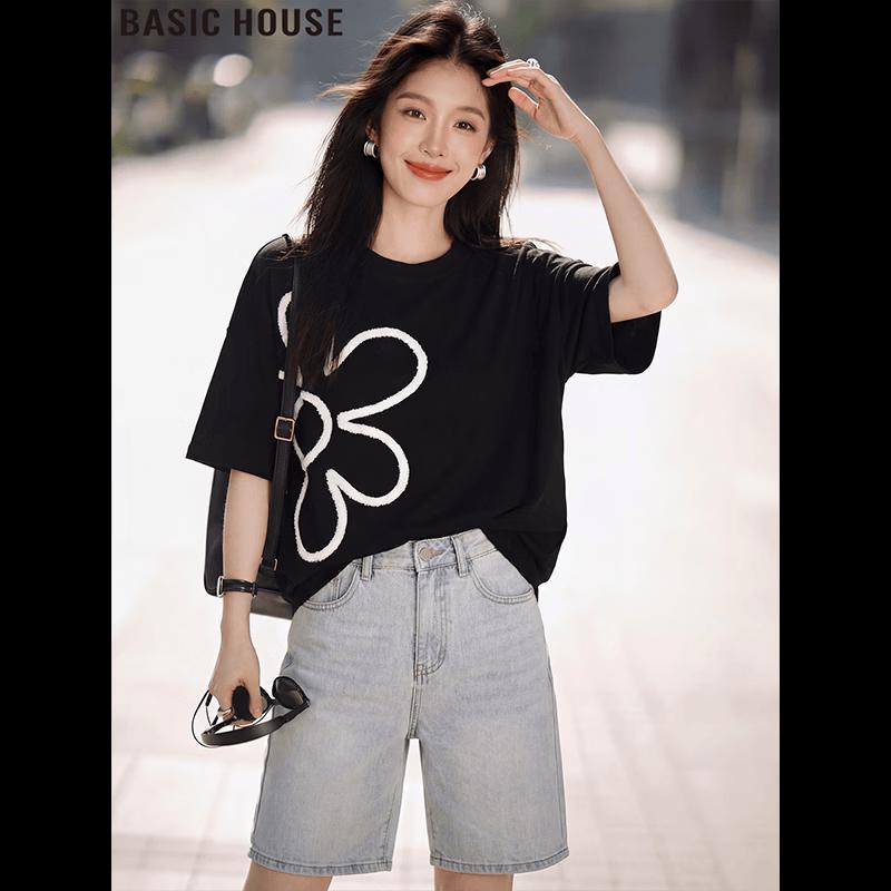 Basic House Women s Black Printed Cotton T-Shirt M