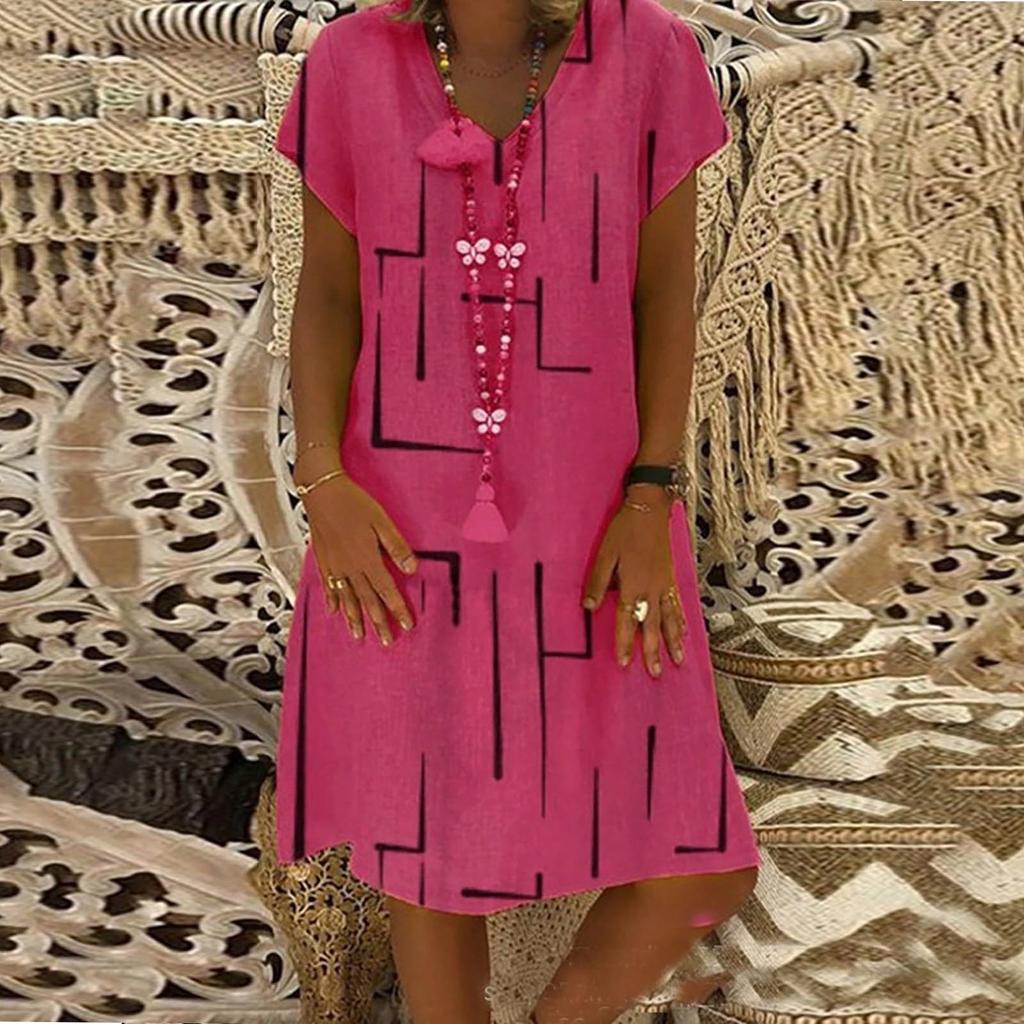 Folded Line Printing Loose Pullover Princess Dress V-neck Ladies Dress