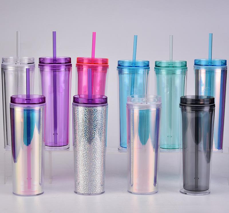 18oz Double-layer Plastic Straw Water Cup, Transparent Portable Sports Water Cup with Straw