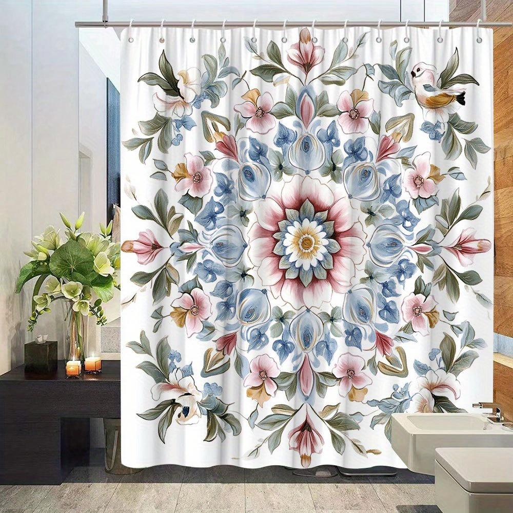 Floral Shower Curtain - Vintage Garden Mandala Pattern, Adds Natural Beauty, Polyester Fabric, Includes 12 Hooks,Bathroom Decor