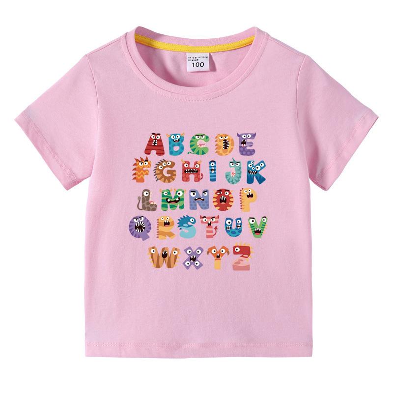 Boys Girls TShirt 26 Letters Print Black 100 Cotton Short Sleeve Tee Soft Casual Summer Tops for Kids Children