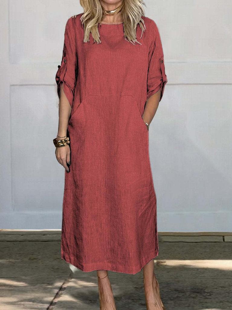 New Summer Breeze Loose Casual Solid Color Short Sleeve Cotton Linen Dress