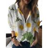 Women's long-sleeved shirt full of white daisies, embellished with yellow stamens, green leaf substrate, fresh and elegant pattern