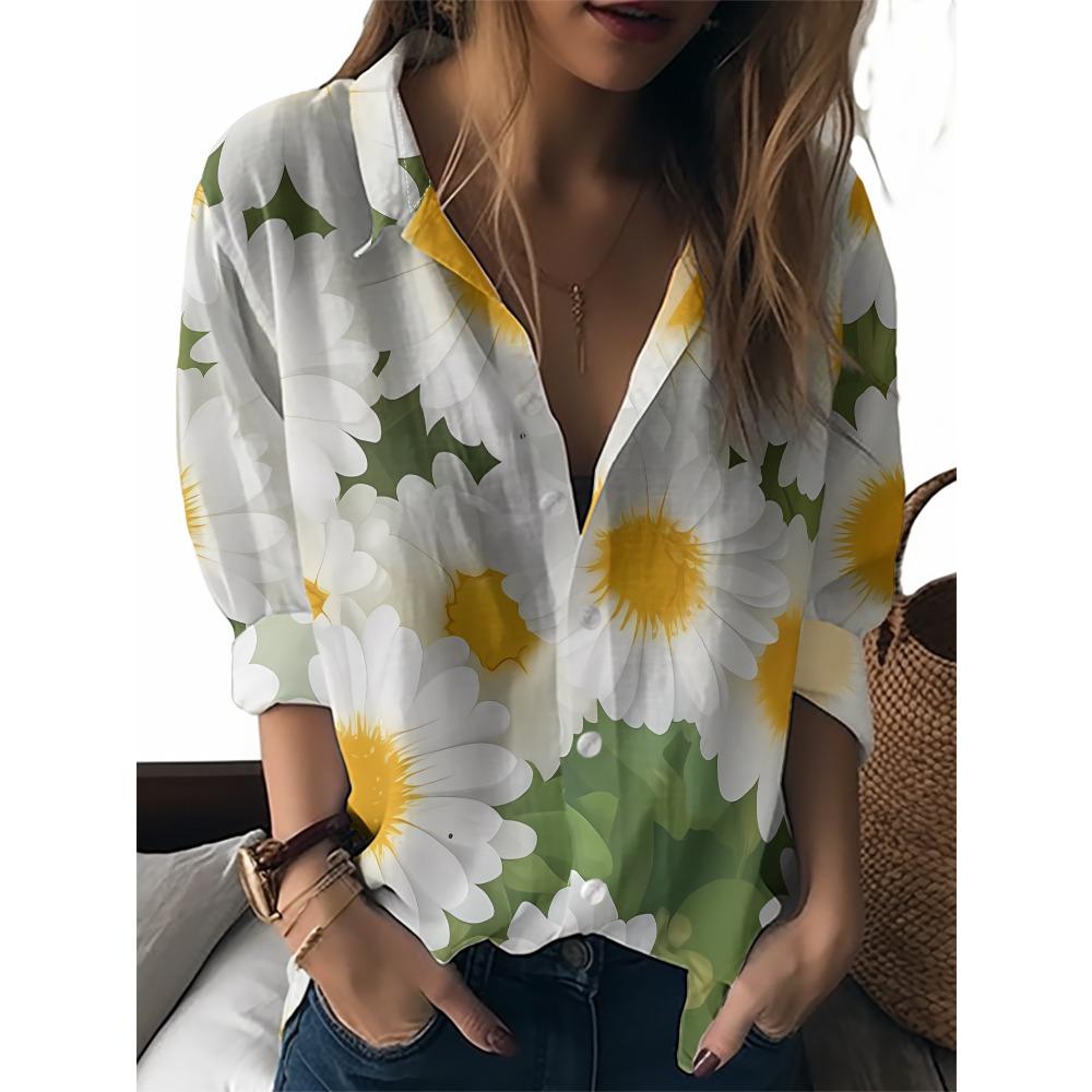 Women's long-sleeved shirt full of white daisies, embellished with yellow stamens, green leaf substrate, fresh and elegant pattern