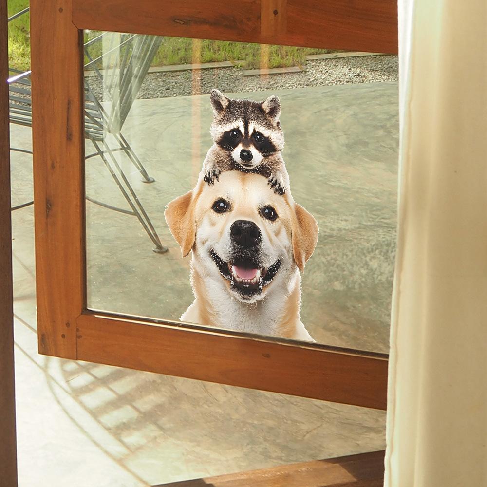 Niedlicher Golden Retriever Welpe Waschbär Balkon Glasfenster Hintergrund Verschönerung und Dekoration Fensteraufkleber