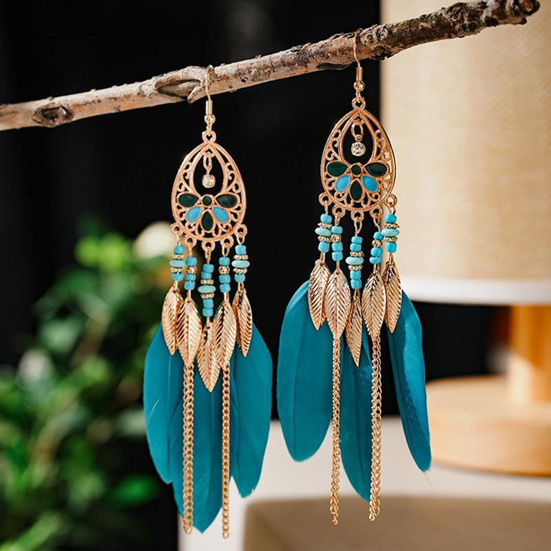 Fashion Vacation Style Bohemian Feather Earrings for Women Ethnic Long Chain Bead Leaf Dangle Earrings Party Daily Jewelry
