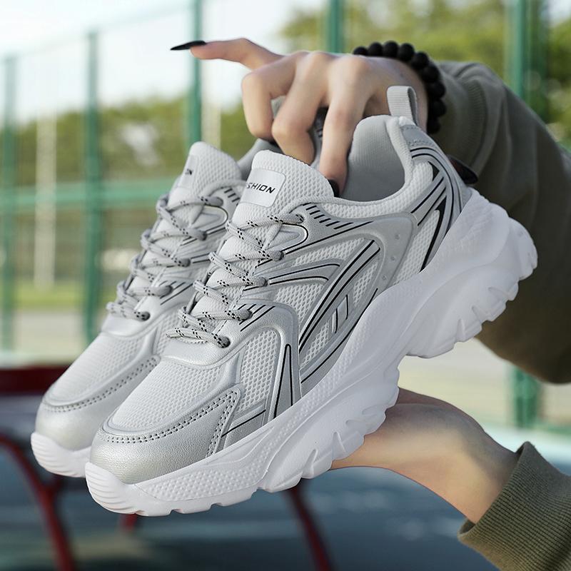 Fashion 2025 New Anti Slip Breathable Mesh Women's Running Shoes, Casual and Fashionable, Multi Functional Women's Dad Shoes Silvery