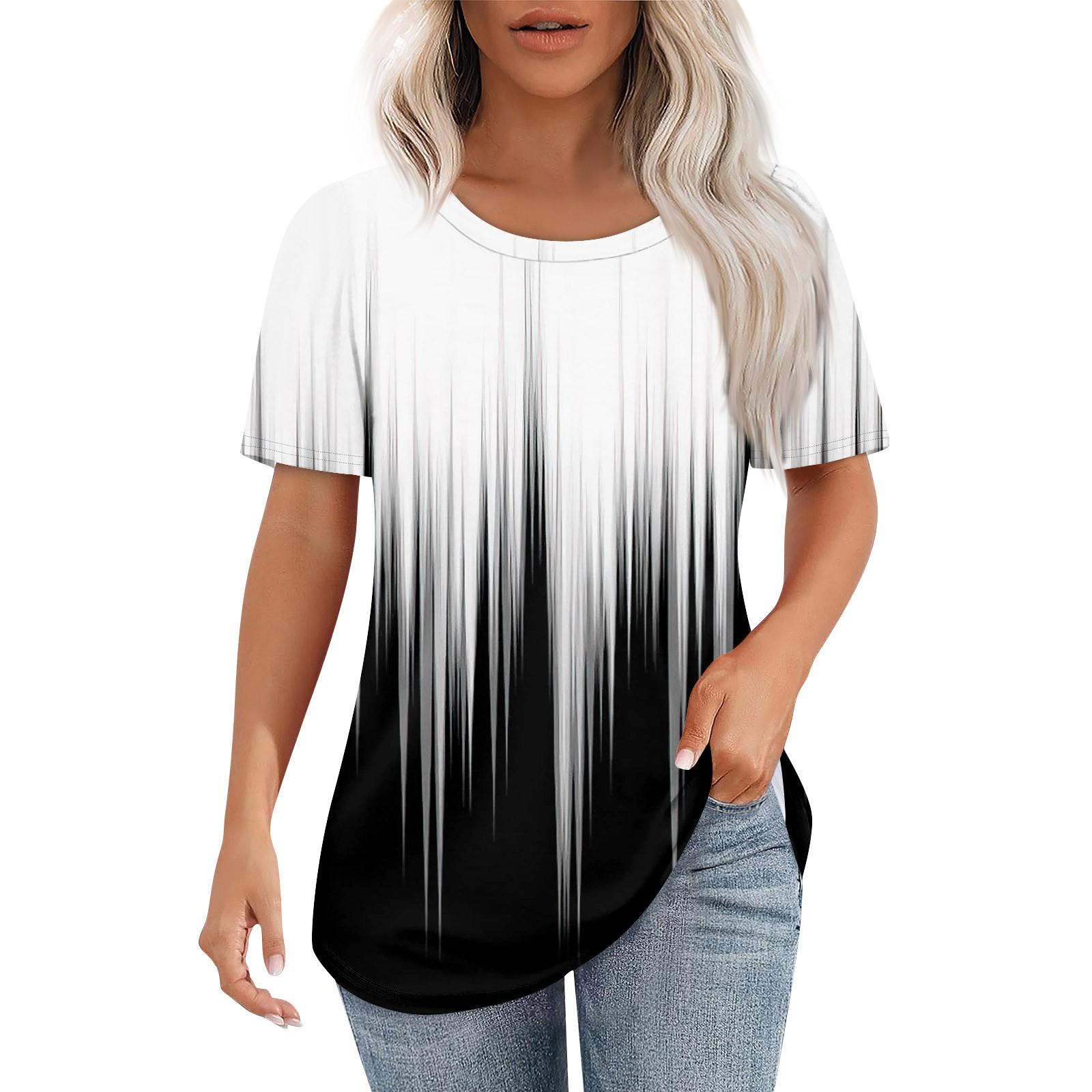 

Футболки для жінок плісировані з круглим вирізом Одягнені повсякденні блузки з принтом з короткими рукавами Літні топи вільного крою S