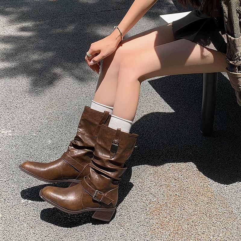 Belt Buckle Western Cowboy Boots Women's 2025 New Brown Short Boots Soft Leather Medium Tube Riding Boots Thick Heel Martin Boots