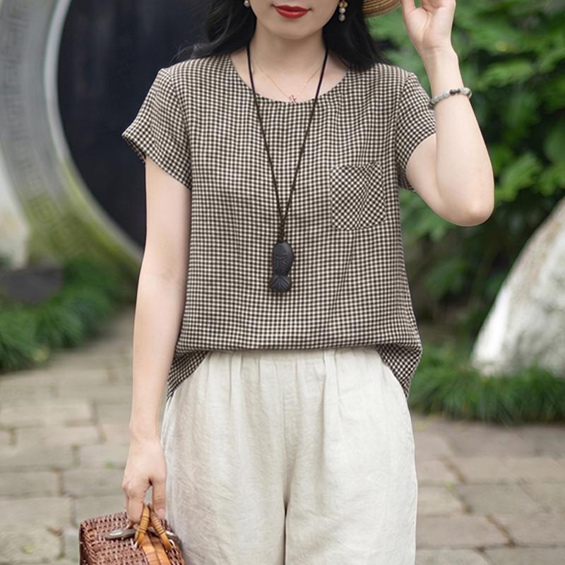 ZANZEA Women Grid Print Casual Round Neck Loose Short Sleeve Blouse