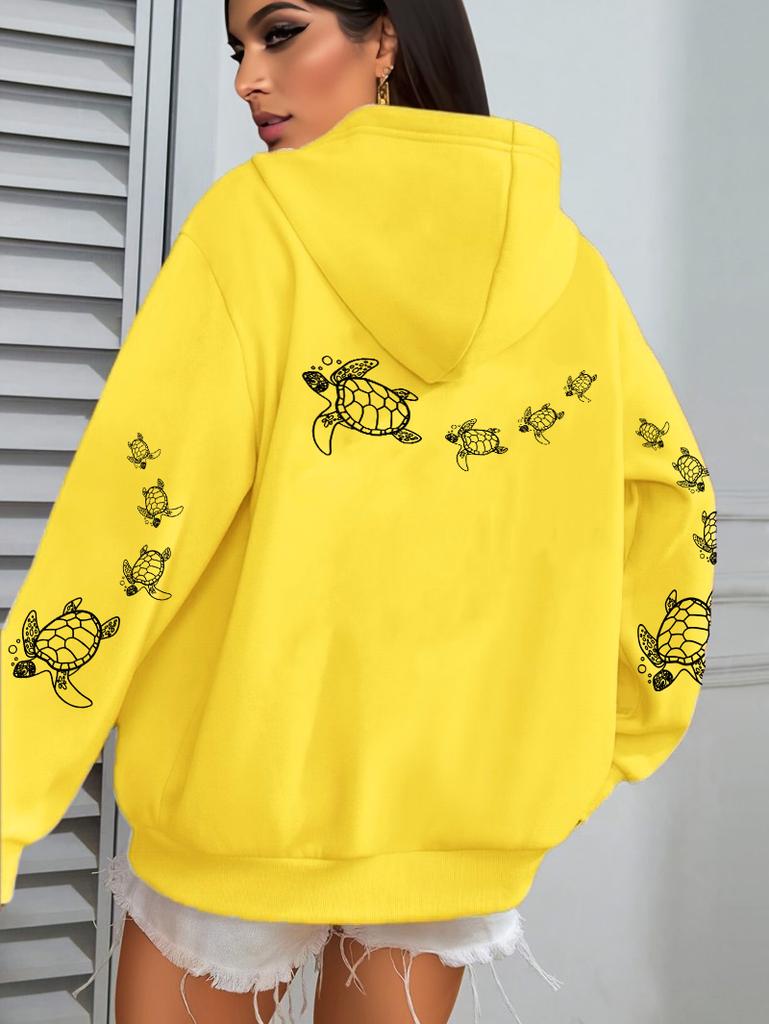 Creative turtle swimming print men's and women's hooded sweatshirt, autumn and winter casual warm sports top, adult fashion clothing