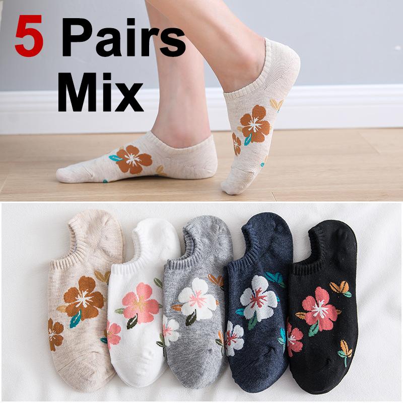 5/10 Pairs Women Flower Pattern Invisible Socks Spring Summer Sweat Absorbing Breathable Soft Comfortable Knitted Casual Socks