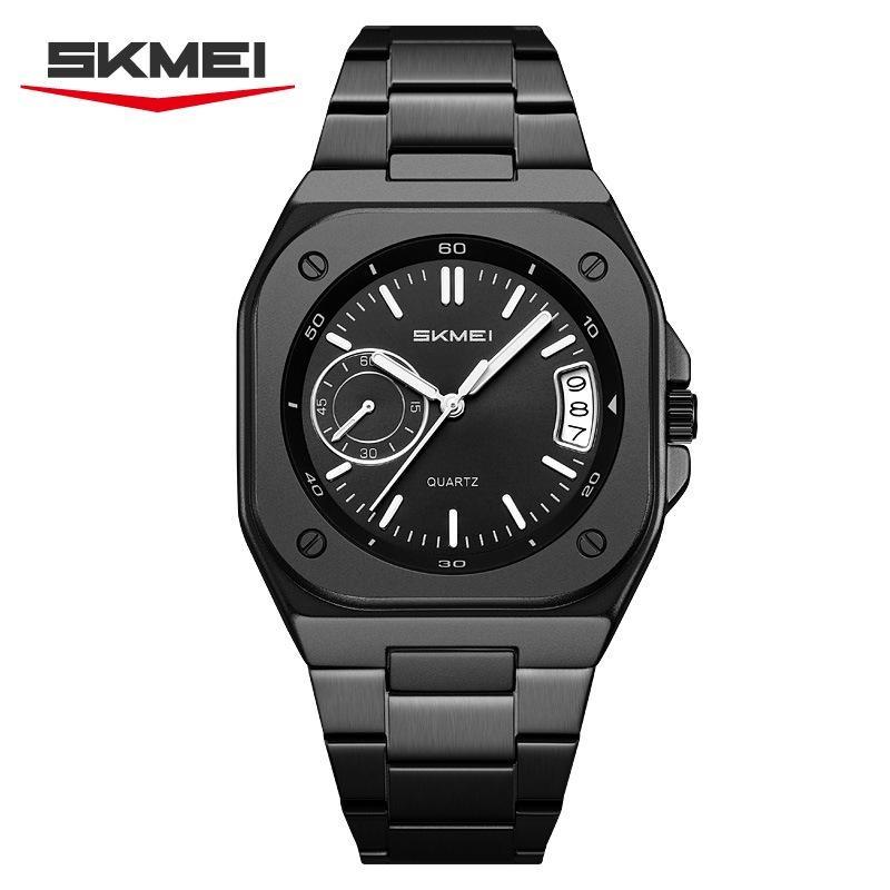 Mens Analog Quartz Wrist Watch Waterproof Luminous Dial Calendar Window Steel Band Square Dress Watches