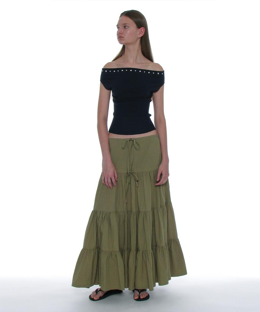 Partimento Woman Bow Strap Shirred Tiered Maxi Skirt_Khaki Green