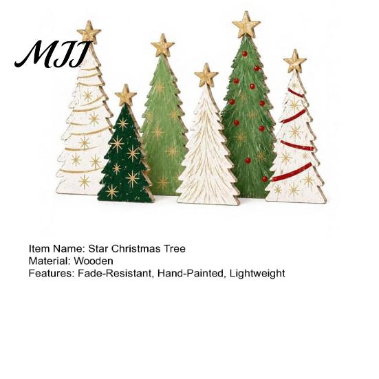 Hand Painted Holiday Table Decor 6Pcs Wooden Christmas Tree Tabletop Set, Rustic Star Topped Retro Seasonal Mantel Decorations Mini Figurines,