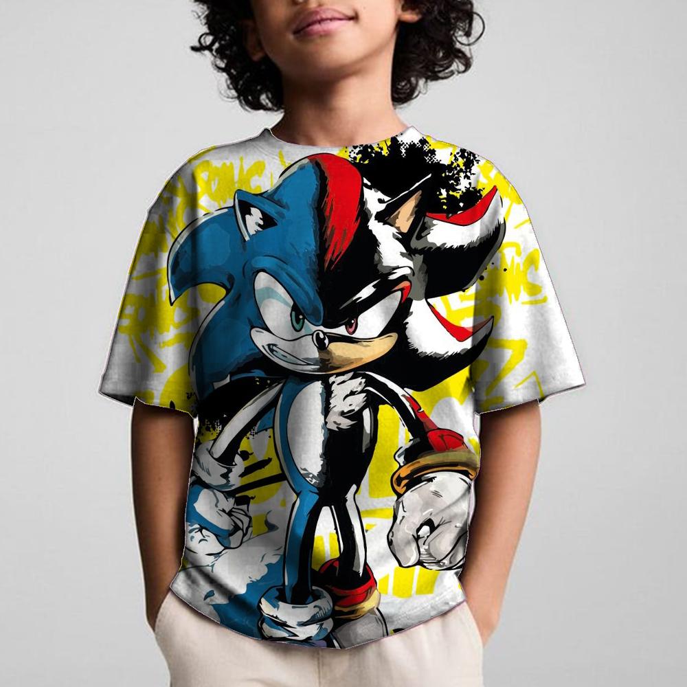 Round Neck 3D Cartoon Sonics Printed Casual Short Sleeved Children's Boy T-shirts - Soft Medium Stretch Polyester Fabric Summer Relaxed Fit Clothing