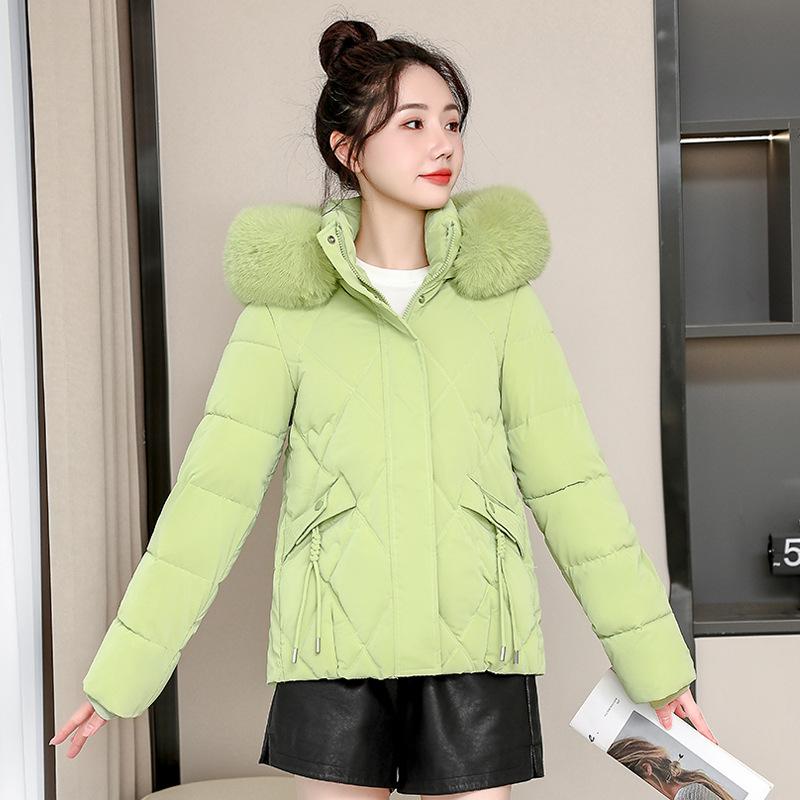 

Новое зимнее хлопковое пальто для женщин, короткое, модное, с большим меховым воротником, хлопковое пальто свободного кроя в корейском стиле, утолщенная однотонная куртка XXXL зелёный