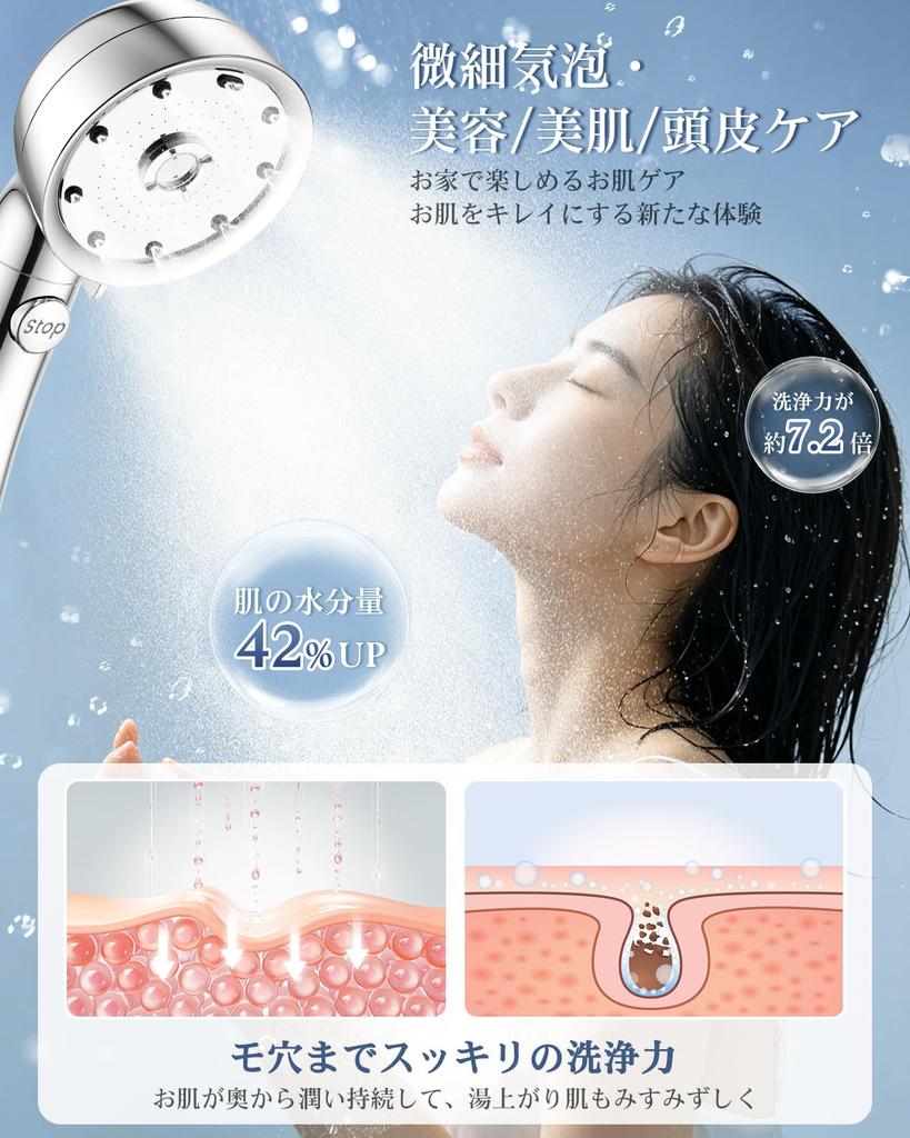 Shower Head Micro Nano Bubble FEELS0 Water Saving Misfire Water Flow Settings High Water Pressure Handheld Water Stop 6+1 (Silver)