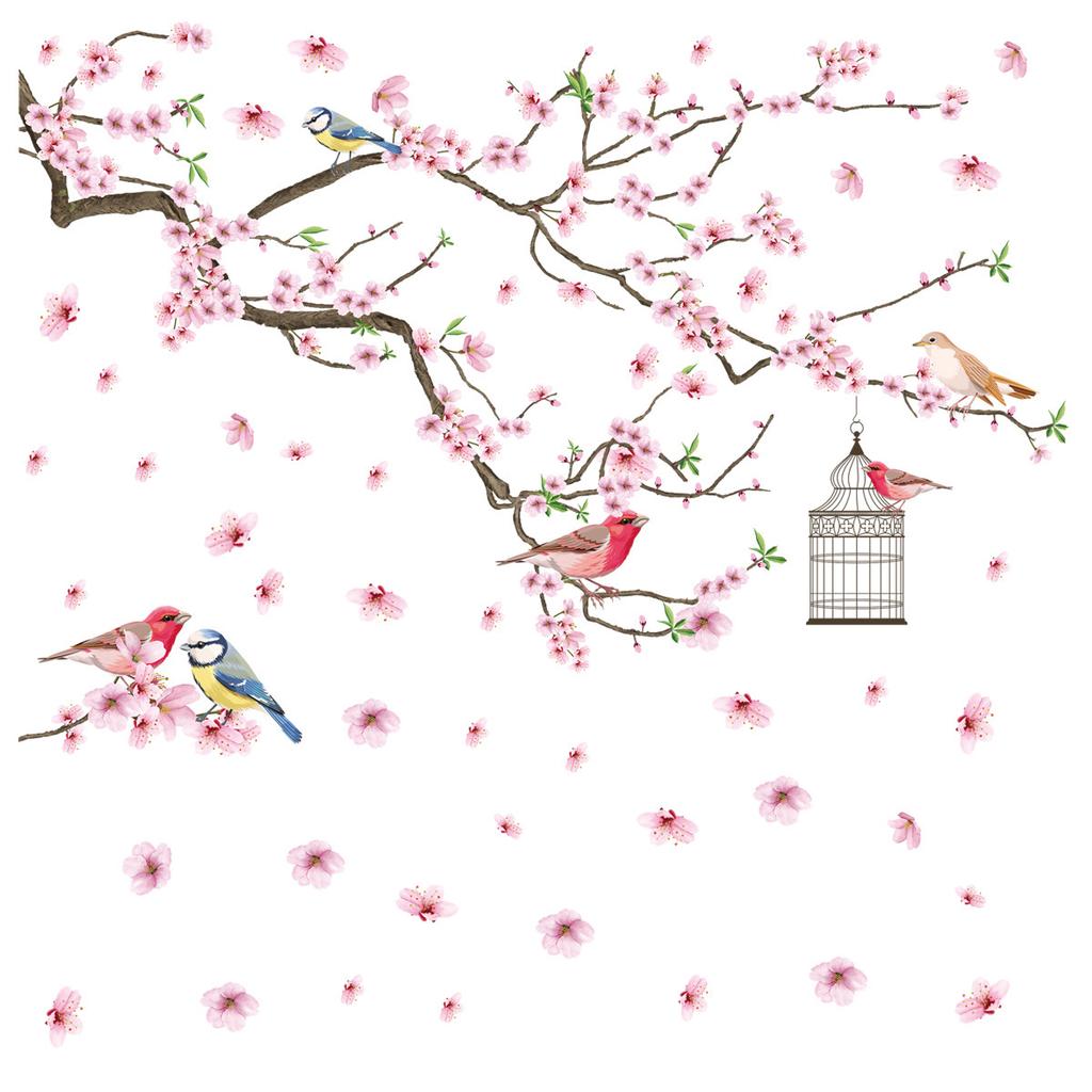 Sticker de Fereastră cu Aderență Statică Ramură cu Pasăre în Flori de Cireș Decor Elegant pentru Casă pentru Sticlă Decor pentru Atmosferă Removabil