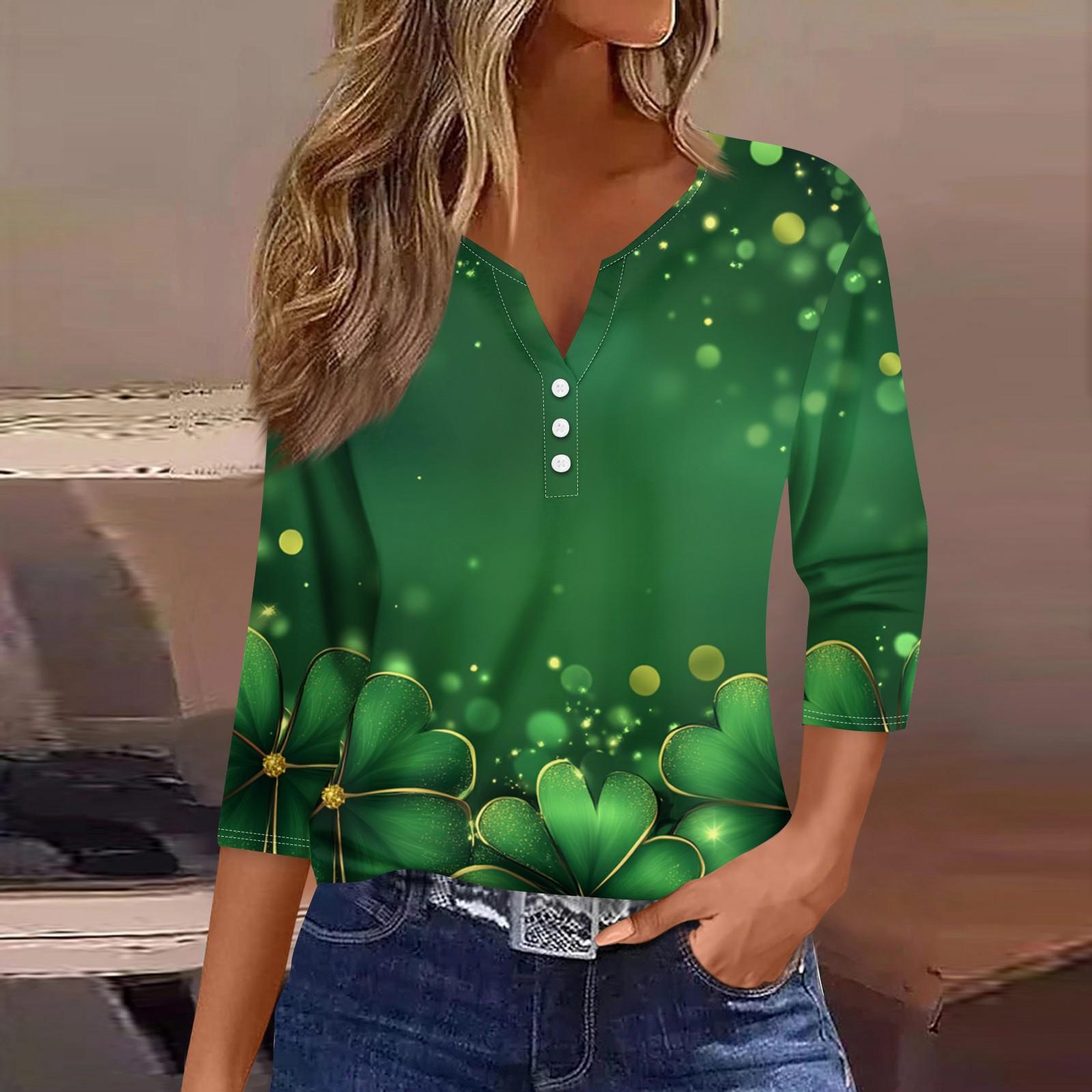 

Жен. Футболка Футболка С принтом Пуговицы Рукав 3/4 Повседневные Выходные Мода Классический V-образный вырез Обычный Топ M