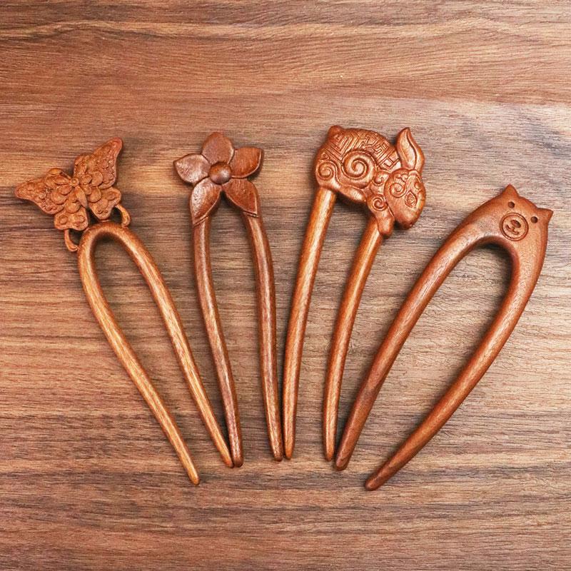 1pc U-Shaped Vintage Style Rabbit Deer Women Wood Hair Accessories Butterfly Flower Hair Stick Hairpin