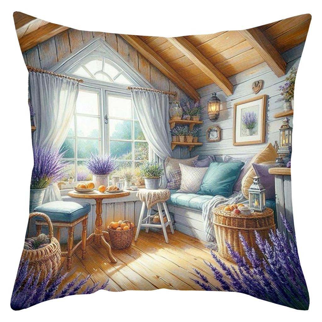 Lavender Themed Decorative Pillows With Country Scenes Polyester pillowcase, sofa decorative cushion cov Headboard Pillow