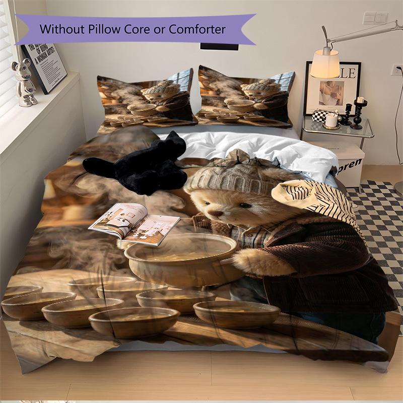 

3pcs Anime Bear Soup Bowl Set - Includes One Quilt Cover and Two Pillowcases (No Core) - Home Decor, Holiday Gift, Polyester Fabric, Anime Cartoo 135x200cm