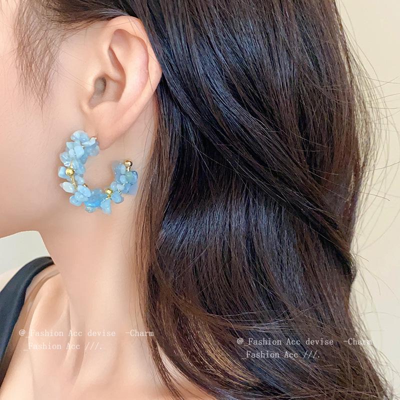 High-End Geometric Aquamarine Silver Stud Earrings - Exquisite Vacation Style