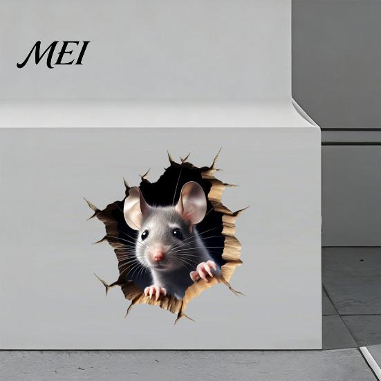 Realistic Animal Decal for Windows Grey Mouse Peeking Wall Decal, 3D Hole Effect Sticker, Removable Three Dimensional Sticker PVC Art Living