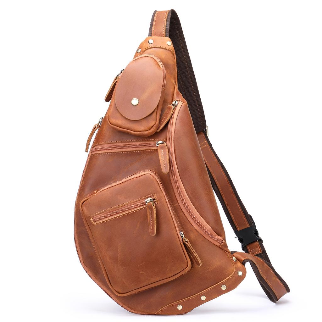 Fashionable Men's Leather Chest Bag with High-end Feel, Retro Handmade Men's Crossbody Bag, Large Capacity Men's Leather Chest Bag