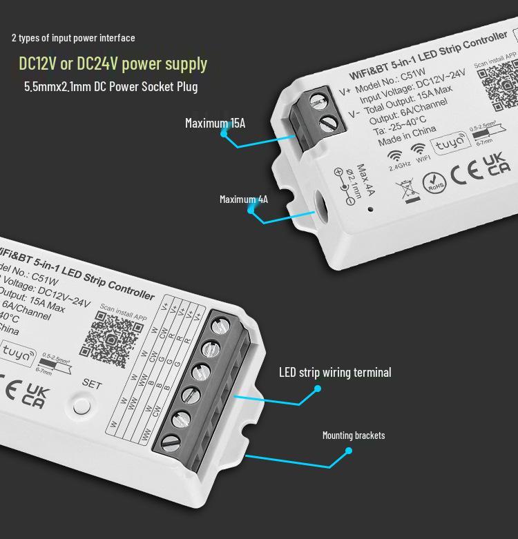 TUYA WiFi LED Strip Controller C51W: Supports Single, Dual Color, RGB, RGBW, and RGBCW.