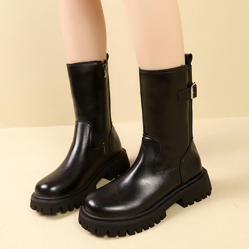 Platformové dámské sněhule do půli lýtka na středním podpatku, značkové kožené boty, zimní módní robustní Chelsea boty, trendy goth obuv