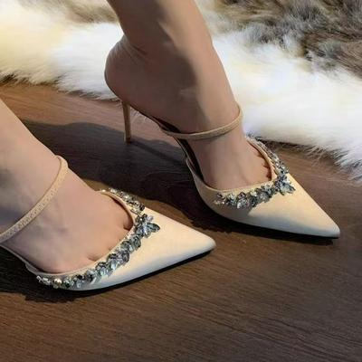2025 Summer New Pointed Rhinestone High Heel Fine Heel Champagne One Word with Sandals Half Drag Cool Slippers Outer Wear Women